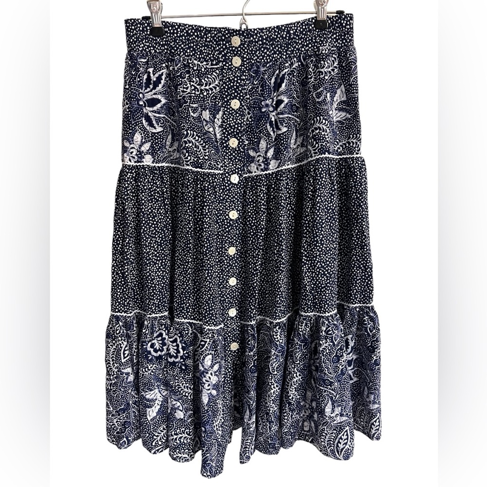 VTG Histoire de Femmes Paris Midi Floral Skirt‎ Size M Button-Front Boho Blue